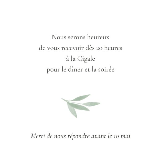 Carton d'invitation mariage Feuille aquarelle vert - Verso