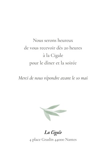 Carton d'invitation mariage Feuille aquarelle (portrait) vert - Verso Carton d'invitation mariage Feuille aquarelle (portrait) vert - Verso