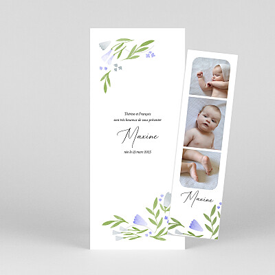 Faire-part de naissance bleu jardin fleuri (marque-page) violet Faire-part de naissance bleu jardin fleuri (marque-page) violet