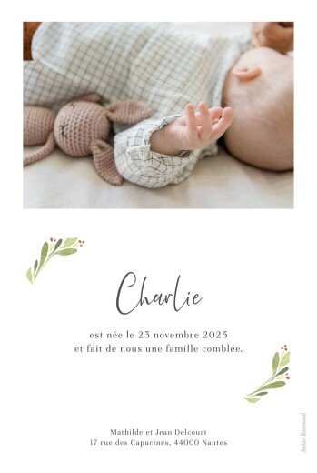 Faire-part de naissance Cueillette (Portrait) Blanc - Verso Faire-part de naissance Cueillette (Portrait) Blanc - Verso