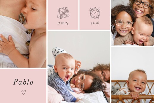Faire-part de naissance Picto pastel (paysage) rose - Recto Faire-part de naissance Picto pastel (paysage) rose - Recto