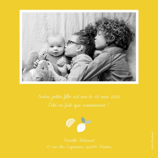 Faire-part de naissance Citrons photo jaune - Verso Faire-part de naissance Citrons photo jaune - Verso