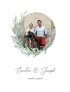 Faire-part de mariage classique couronne d'eucalyptus (portrait) jaune Faire-part de mariage classique couronne d'eucalyptus (portrait) jaune
