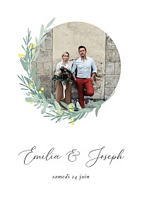 Faire-part de mariage avec photo couronne d'eucalyptus jaune Faire-part de mariage avec photo couronne d'eucalyptus jaune