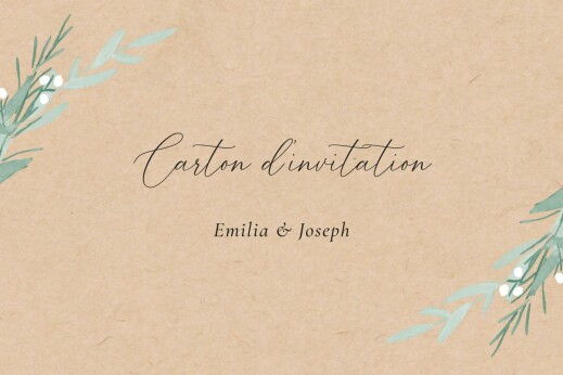 Carton d'invitation mariage Couronne d'eucalyptus (paysage) Beige - Recto