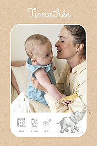 Faire-part de naissance beige petit éléphant pictos (portrait) beige Faire-part de naissance beige petit éléphant pictos (portrait) beige