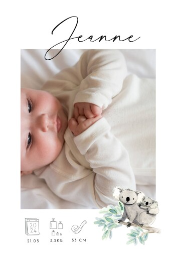 Faire-part de naissance Petit koala pictos (portrait) blanc - Recto Faire-part de naissance Petit koala pictos (portrait) blanc - Recto