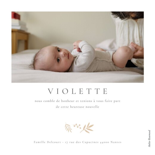 Faire-part de naissance Doux feuillage (carré) beige texturé - Verso Faire-part de naissance Doux feuillage (carré) beige texturé - Verso