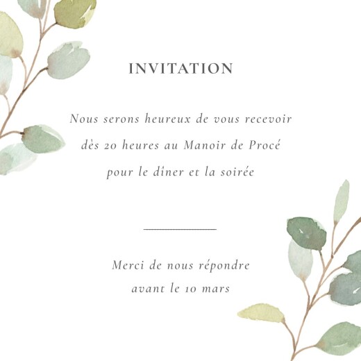 Carton d'invitation mariage Brins d'eucalyptus blanc - Verso