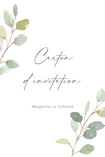 Carton d'invitation mariage Brins d'eucalyptus (portrait) blanc - Recto