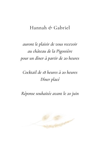 Carton d'invitation mariage Graminées blanc - Verso