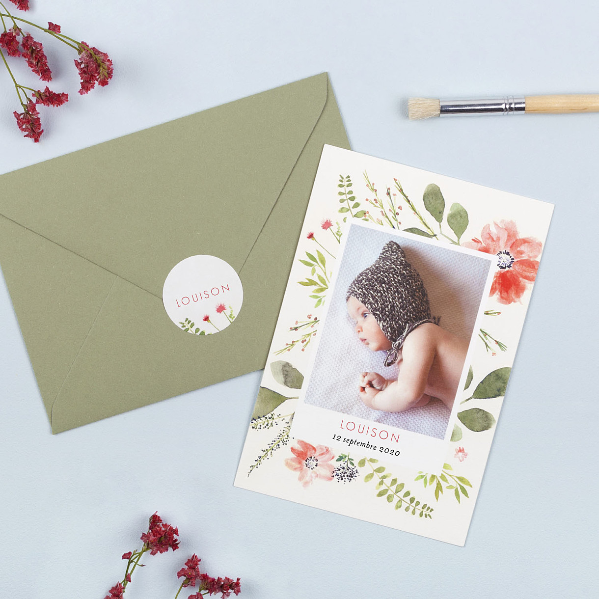 Stickers pour enveloppes naissance fleurs aquarelle
